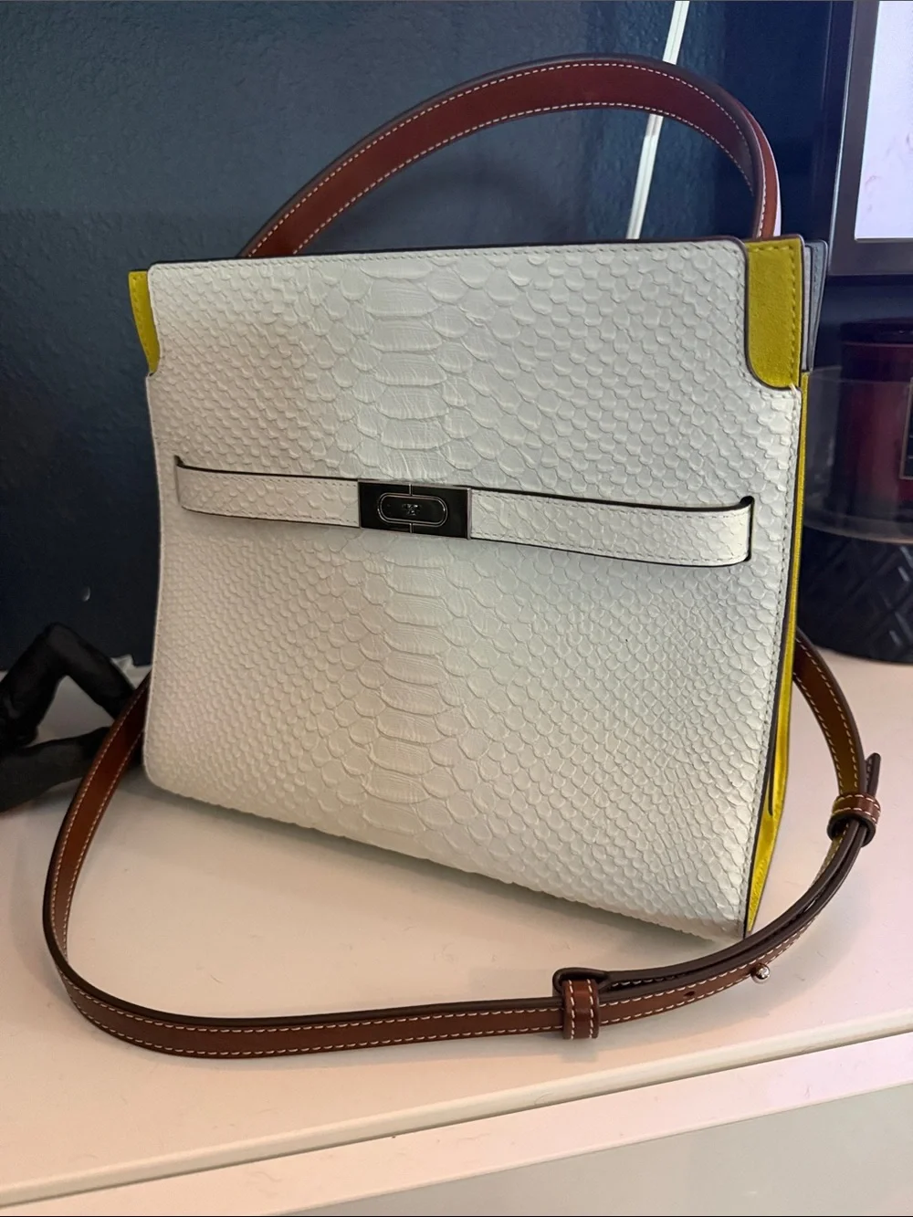 Small Tory Burch Lee Radziwill white Python-Embossed Top-Handle Bag.